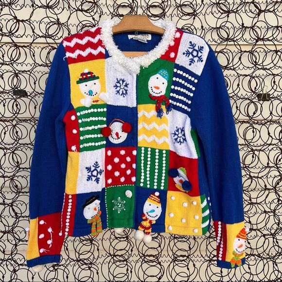 Vintage Sweaters - 90s Jack B Quick Christmas primary color checkerboard snowman cardigan sweater